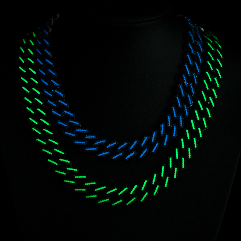 15mm Iced Out Glow In The Dark Green/blue Enamel Miami Cuban Chain In Black - Image 3