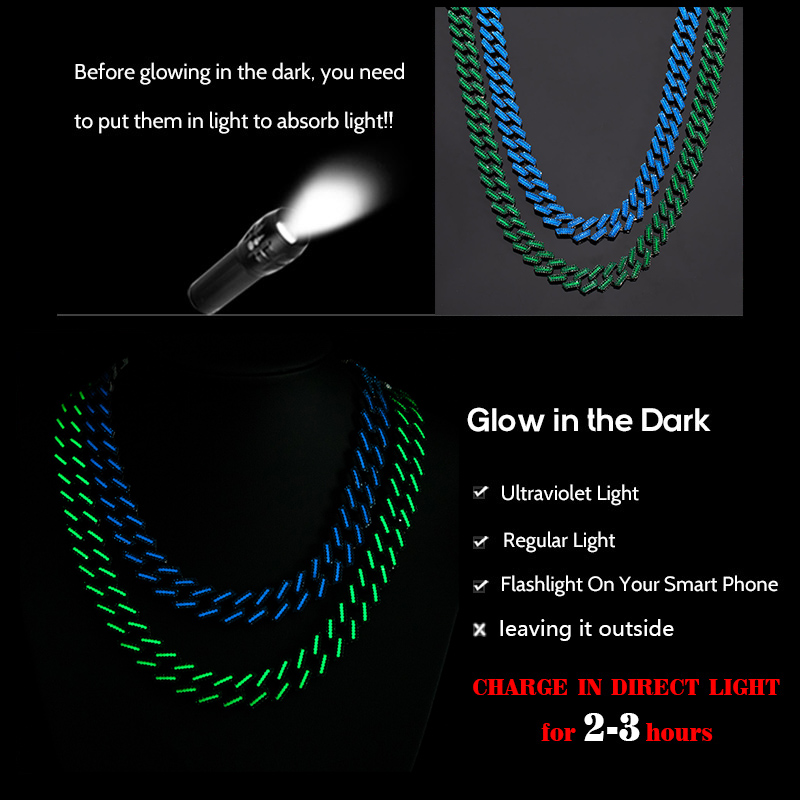 15mm Iced Out Glow In The Dark Green/blue Enamel Miami Cuban Chain In Black - Image 4