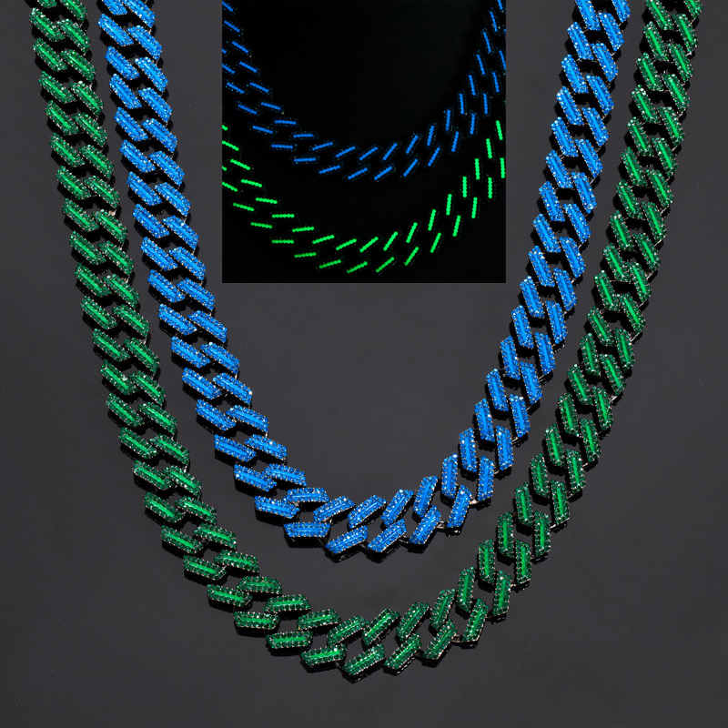 15mm Iced Out Glow In The Dark Green/blue Enamel Miami Cuban Chain In Black