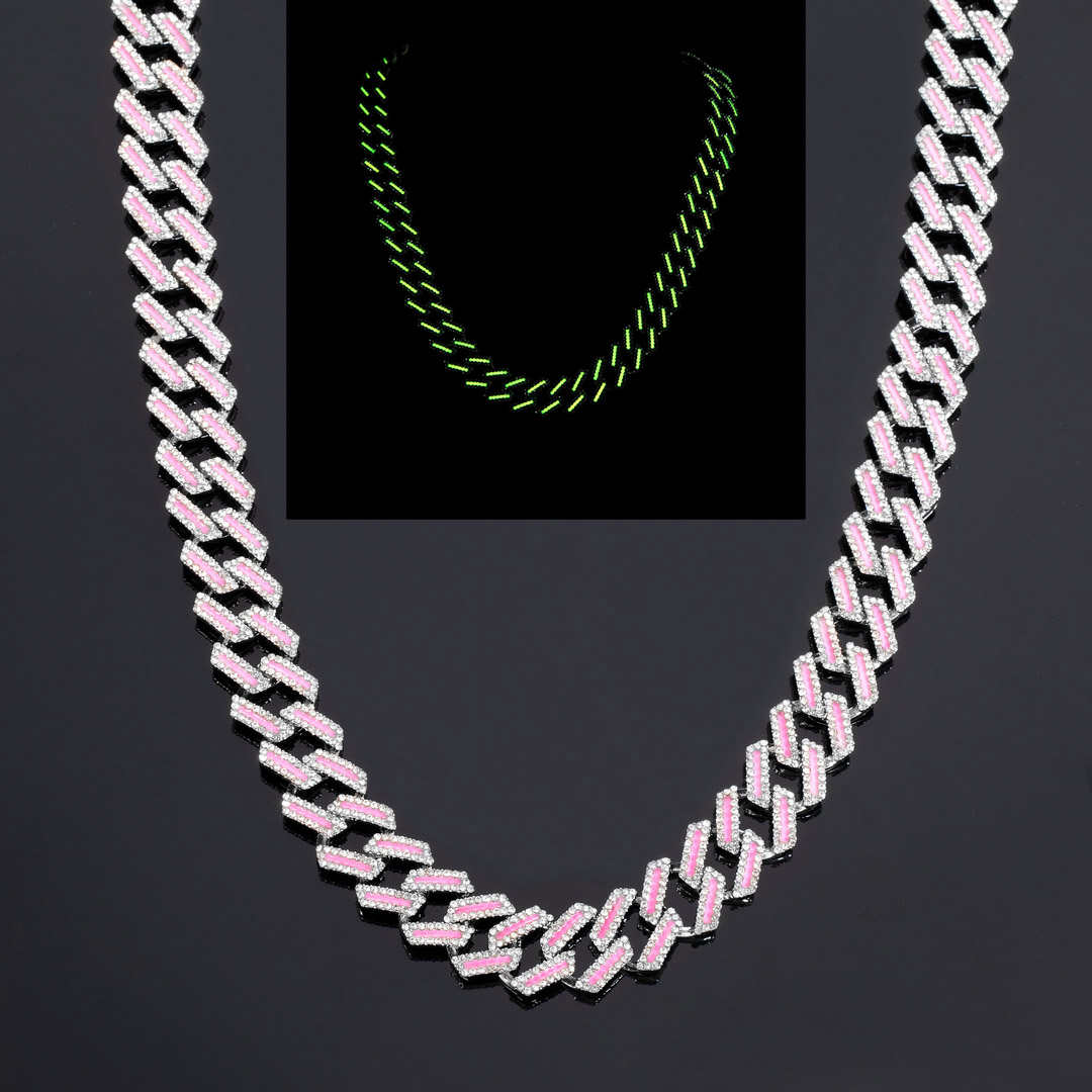 15mm Iced Out Glow In The Dark Pink Enamel Miami Cuban Chain Gold