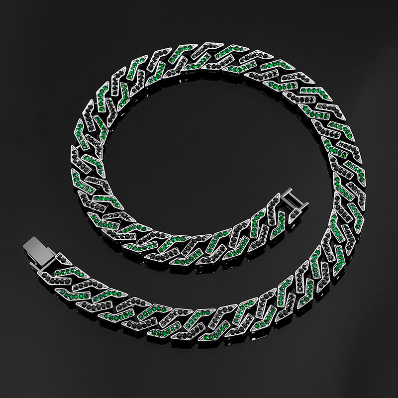 14mm Iced Out Emerald&black Cuban Link Chain In Black Gold Cuban Chain