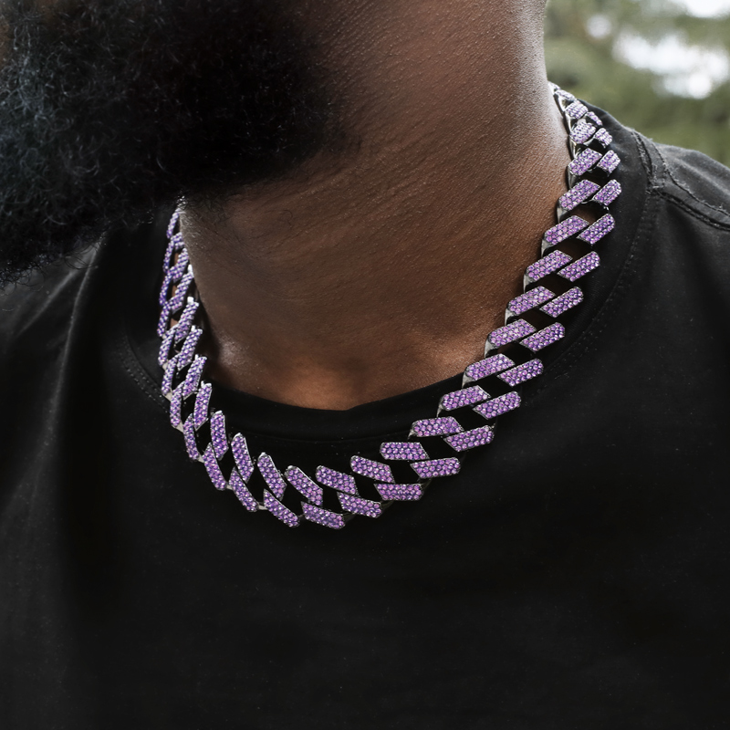 Iced Out Purple 20mm Miami Cuban Chain With Big Box Clasp In Black Gold