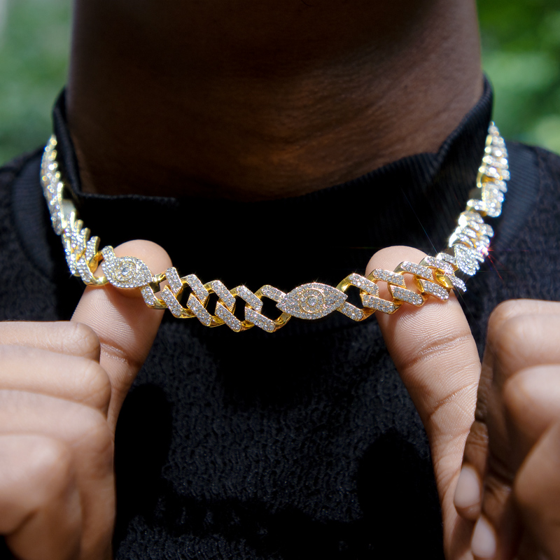 Iced Out Evil Eyes 12mm Cuban Chain Gold With Street Luxury Shine