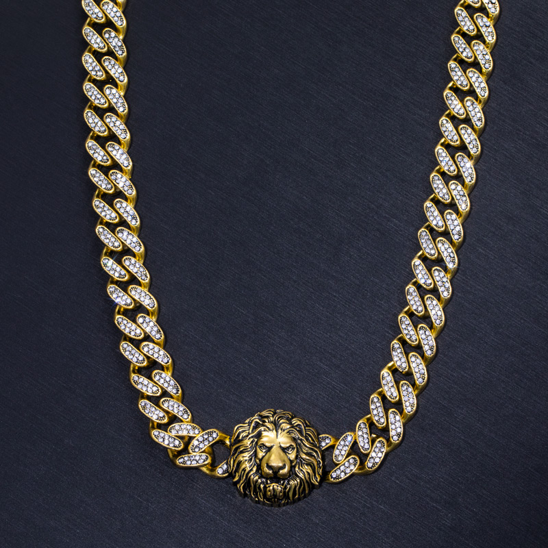 Lion Head Iced Out Miami Cuban Chain Necklace Gold With Street Luxury Shine