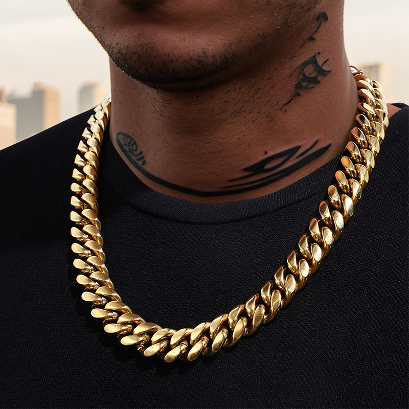 14mm Stainless Steel Miami Cuban Chain In Gold With Street Luxury Shine