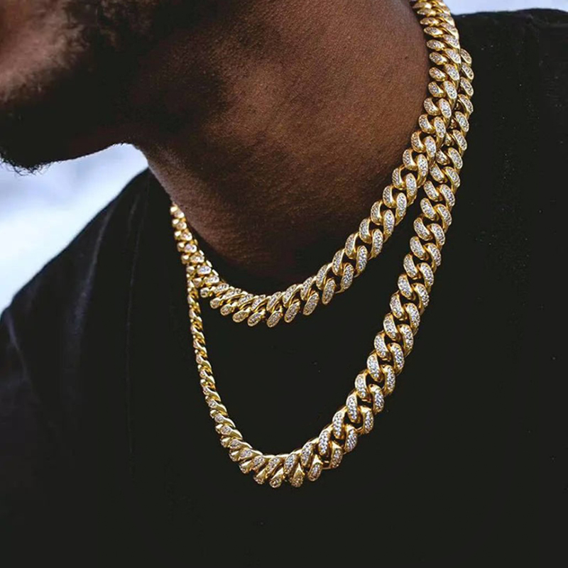 13mm Handset 18k Gold Pvd Plated Finish Iced Out Cuban Link Cuban Chain