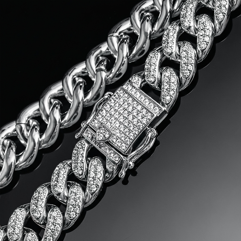 Iced Out 13mm Handset Miami Cuban Link Chain In White Gold Cuban Chain - Image 4