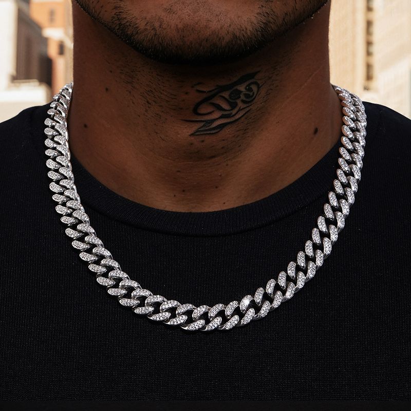 Iced Out 13mm Handset Miami Cuban Link Chain In White Gold Cuban Chain