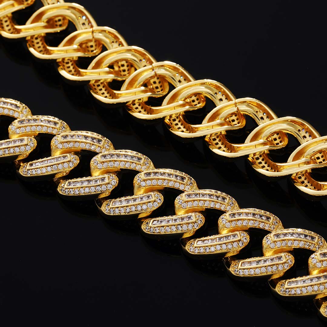 Iced Out 20mm Square And Round Stones Cuban Link Chain In Gold Cuban Chain - Image 3