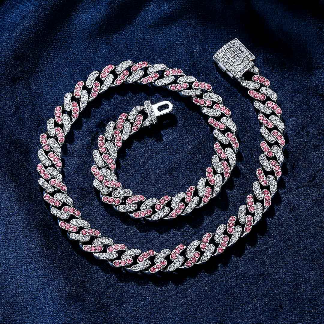 11mm White&pink Stones Cuban Link Chain Gold With Street Luxury Shine - Image 3