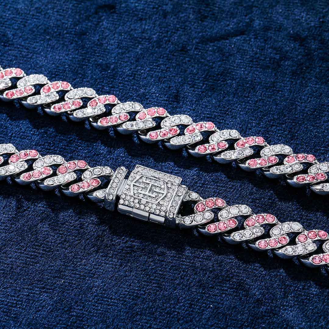 11mm White&pink Stones Cuban Link Chain Gold With Street Luxury Shine - Image 4