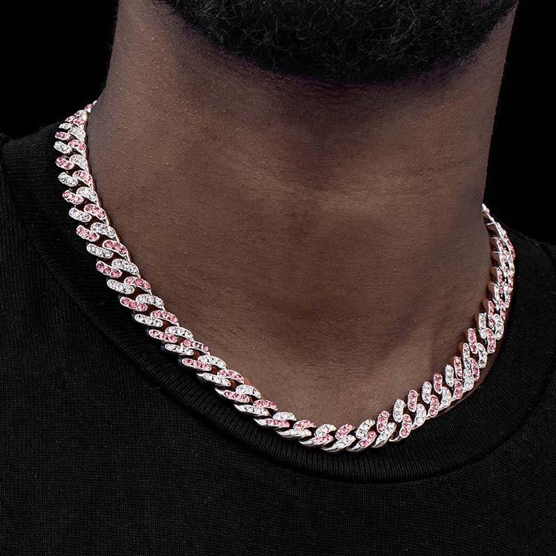 11mm White&pink Stones Cuban Link Chain Gold With Street Luxury Shine