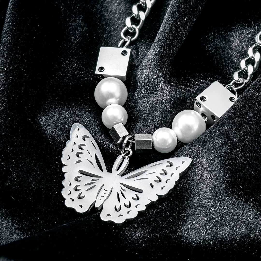 Dice Pearl Butterfly Stainless Steel Necklace With Street Luxury Shine - Image 3