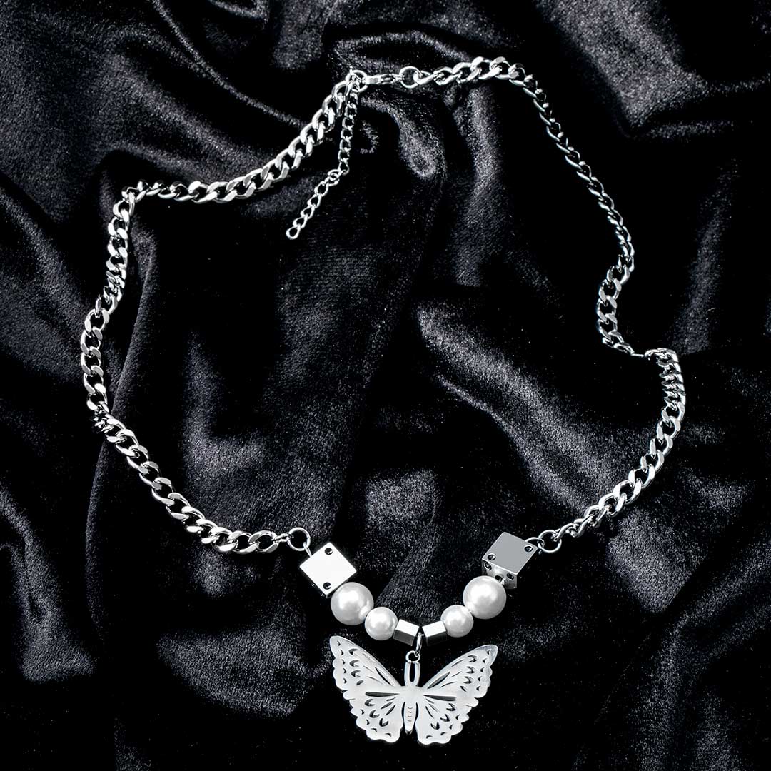 Dice Pearl Butterfly Stainless Steel Necklace With Street Luxury Shine