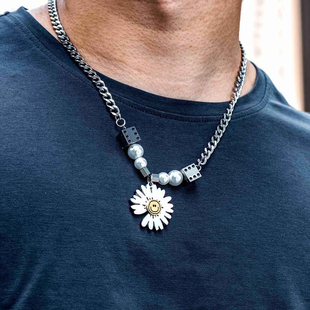 Dice Pearl Daisies Stainless Steel Necklace Silver With Street Luxury Shine - Image 3