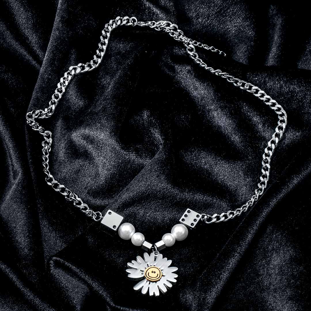 Dice Pearl Daisies Stainless Steel Necklace Silver With Street Luxury Shine - Image 4