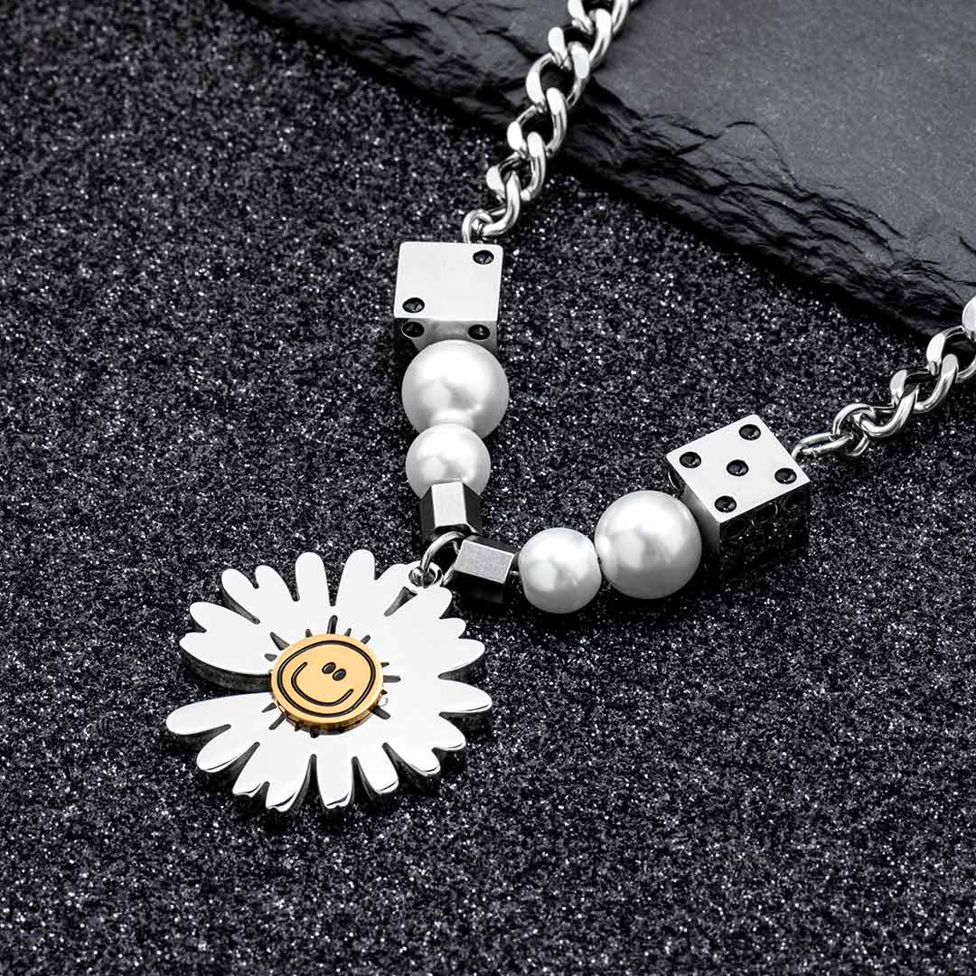 Dice Pearl Daisies Stainless Steel Necklace Silver With Street Luxury Shine - Image 5