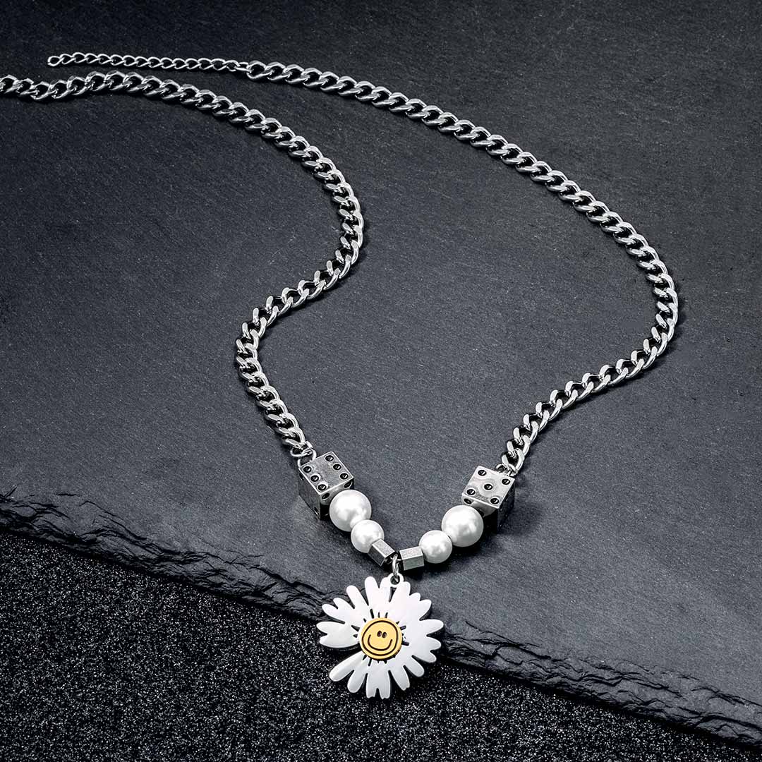Dice Pearl Daisies Stainless Steel Necklace Silver With Street Luxury Shine