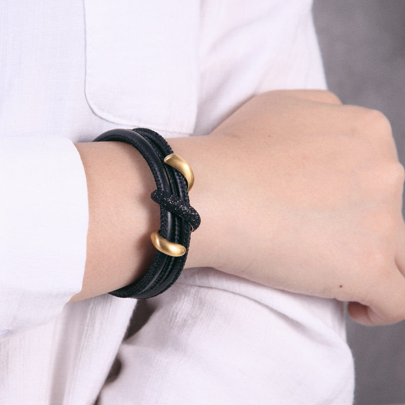 Gold And Black Stardust Wrap Leather Bracelet With Street Luxury Shine - Image 5