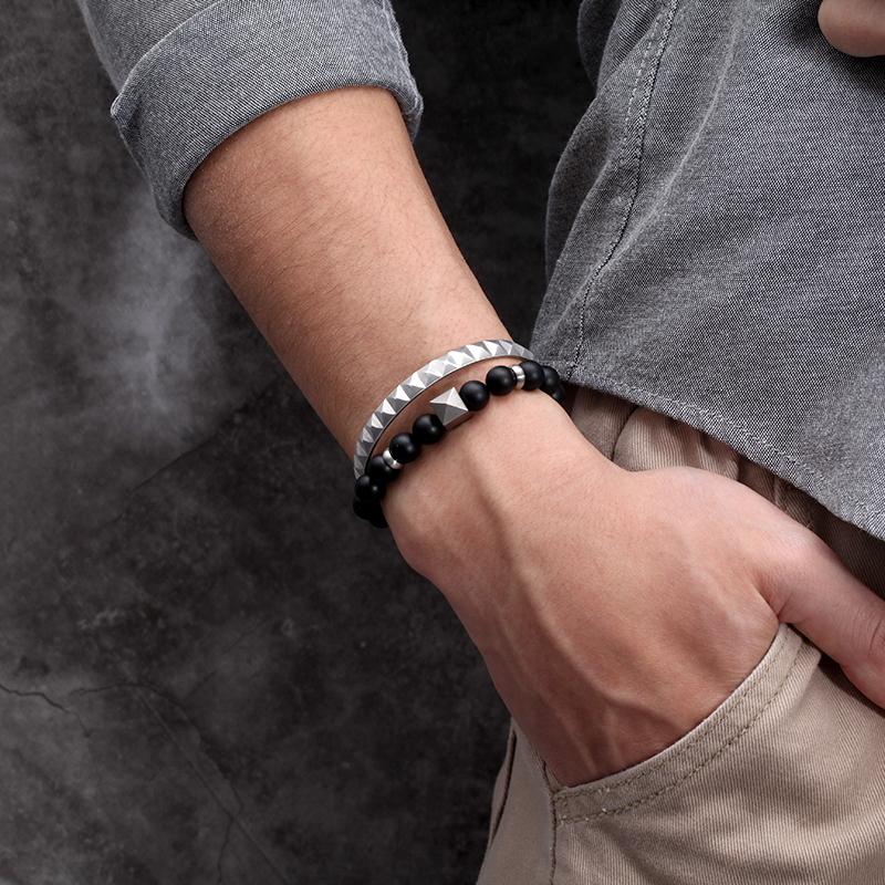 Stainless Steel Pyramid Black Onyx Beads Bracelet With Street Luxury Shine - Image 3