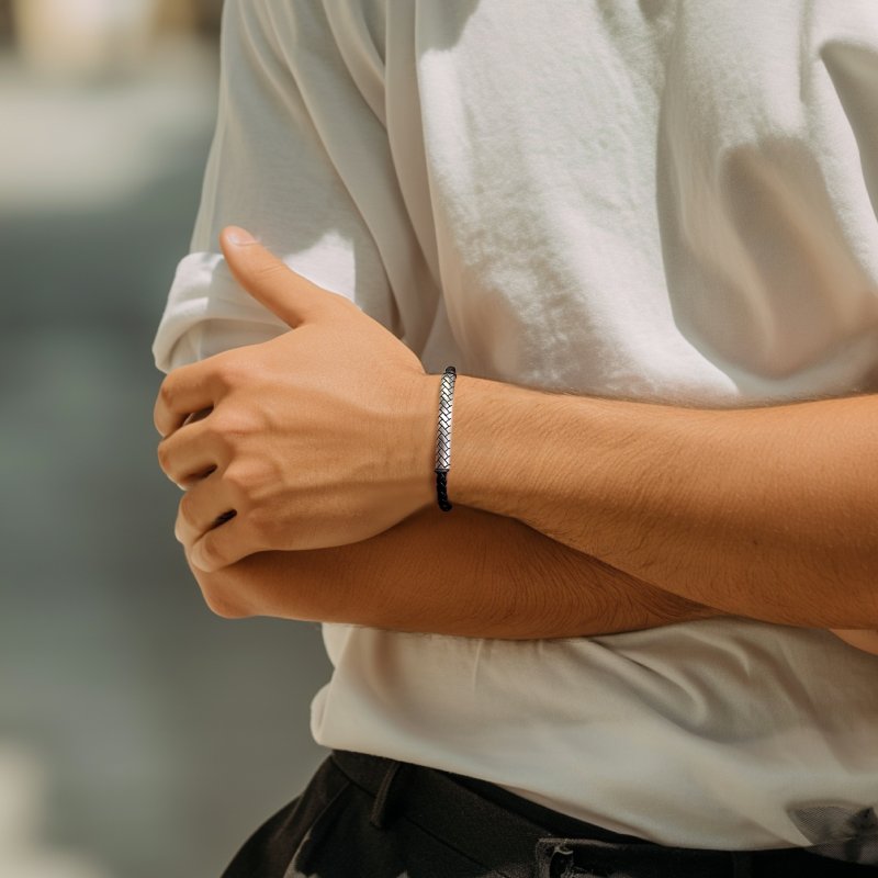 Stainless Steel Tube Black Leather Bracelet With Street Luxury Shine - Image 3
