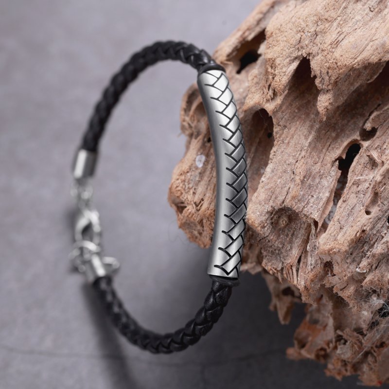Stainless Steel Tube Black Leather Bracelet With Street Luxury Shine - Image 4