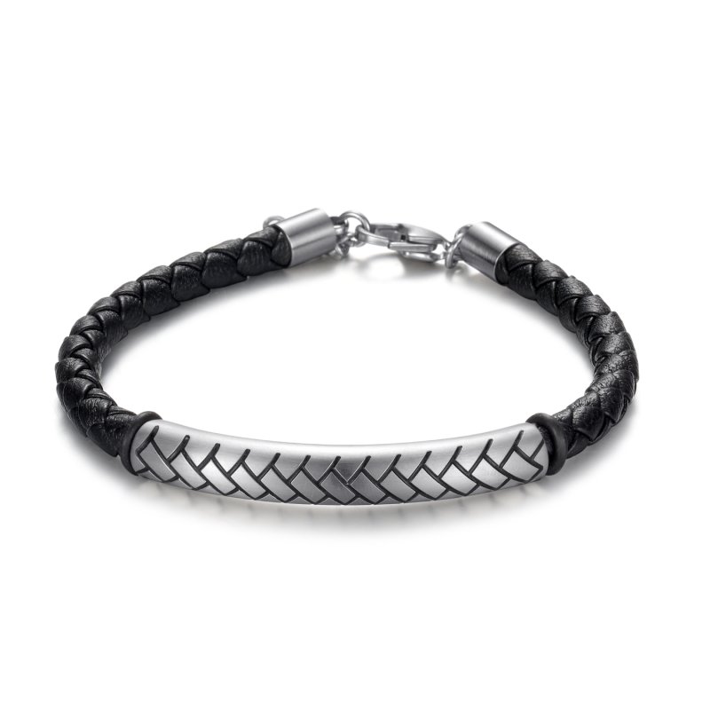 Stainless Steel Tube Black Leather Bracelet With Street Luxury Shine - Image 5