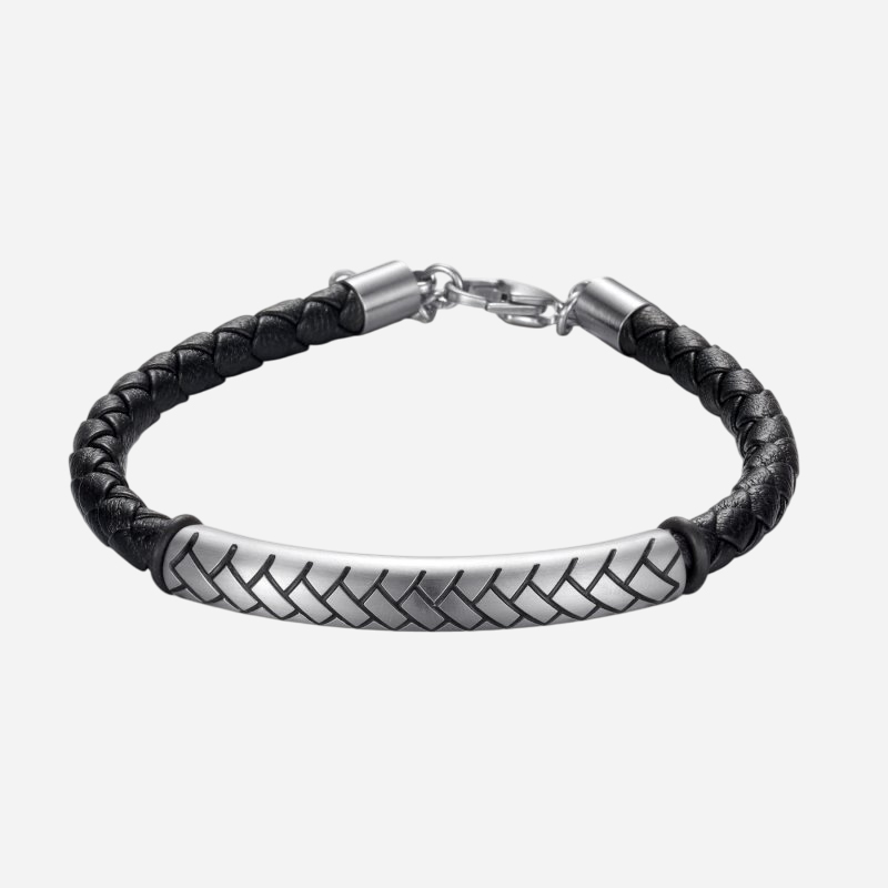 Stainless Steel Tube Black Leather Bracelet With Street Luxury Shine
