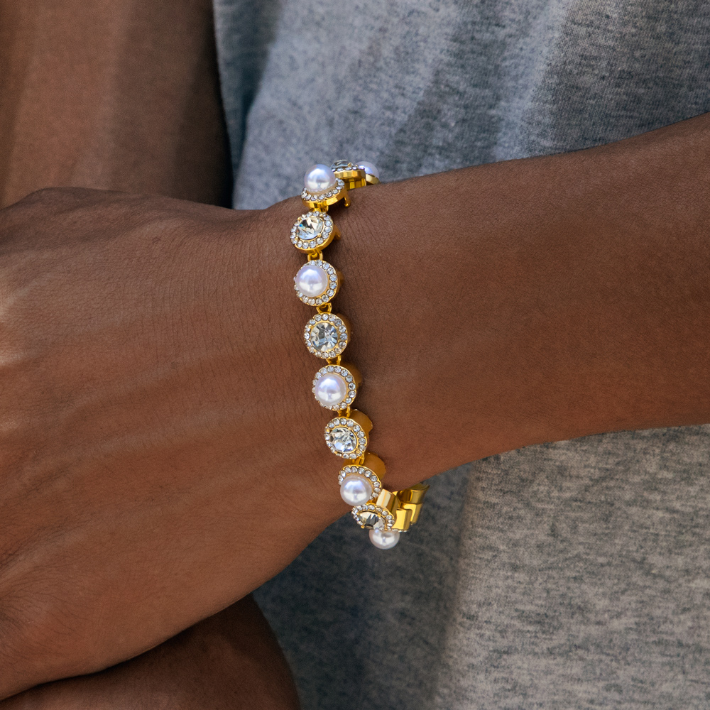 8mm Pearls Tennis Bracelet In Gold Iced Out Shine With Street Luxury