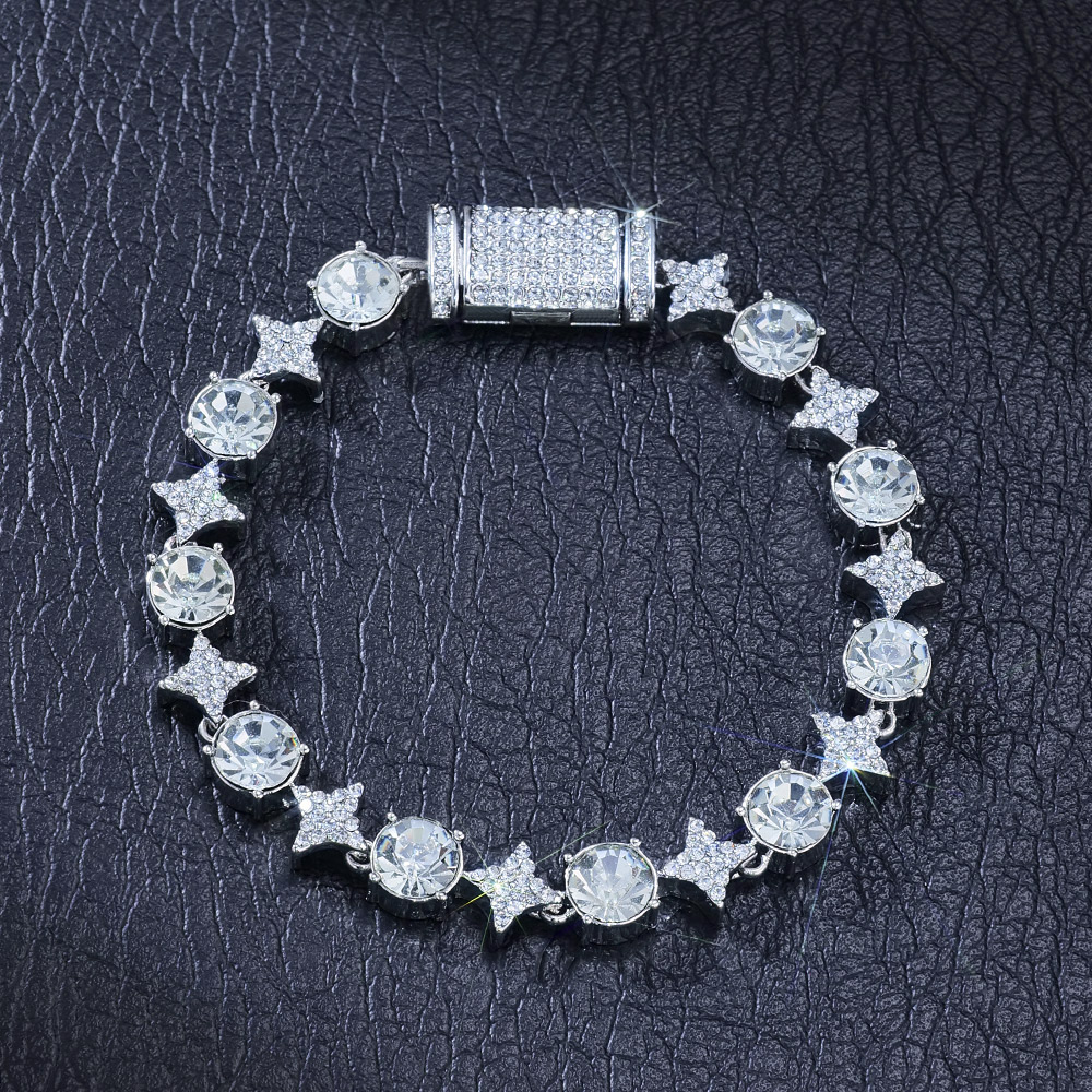 8mm Iced Out Quadrangular Star Bracelet In White Gold With Gold Shine - Image 3