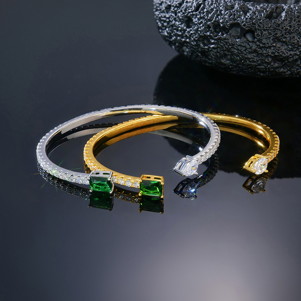 Emerald Pear Cut Open Bangle Bracelet Gold With Street Luxury Shine - Image 4