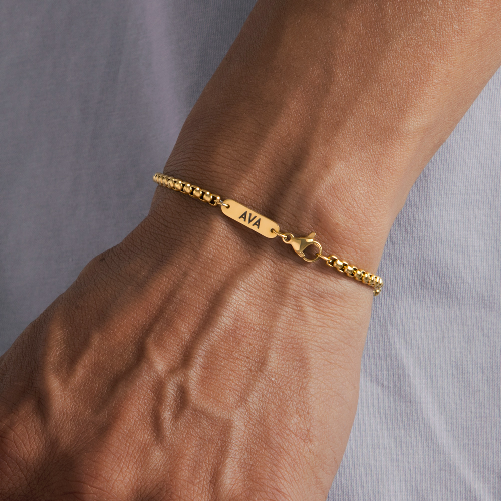 3mm Custom Name Round Box Bracelet In Gold With Street Luxury Shine