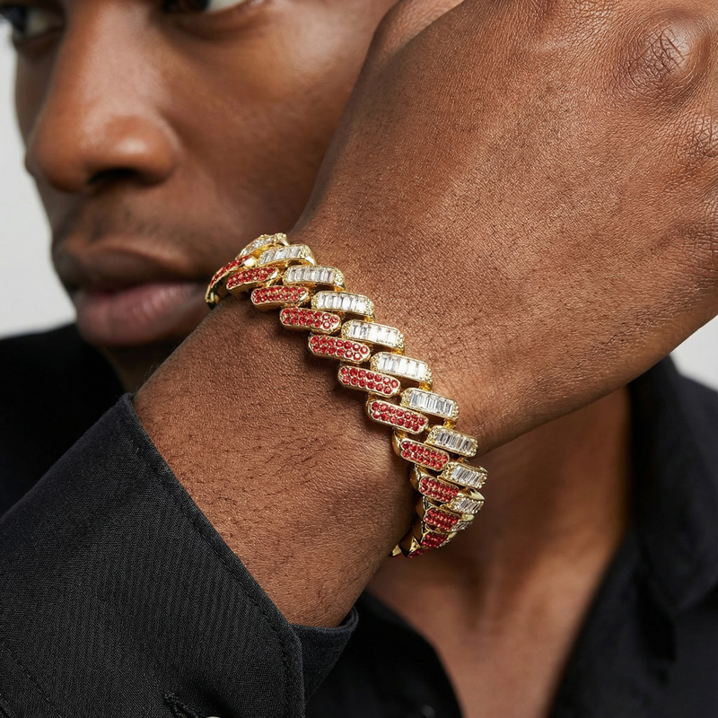 15mm Baguette Cut Red Diamonds Cuban Bracelet Gold With Street Luxury Shine - Image 4