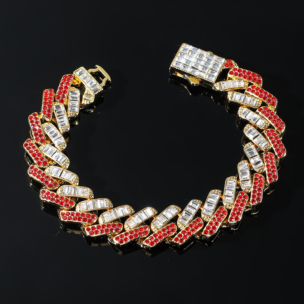 15mm Baguette Cut Red Diamonds Cuban Bracelet Gold With Street Luxury Shine - Image 5