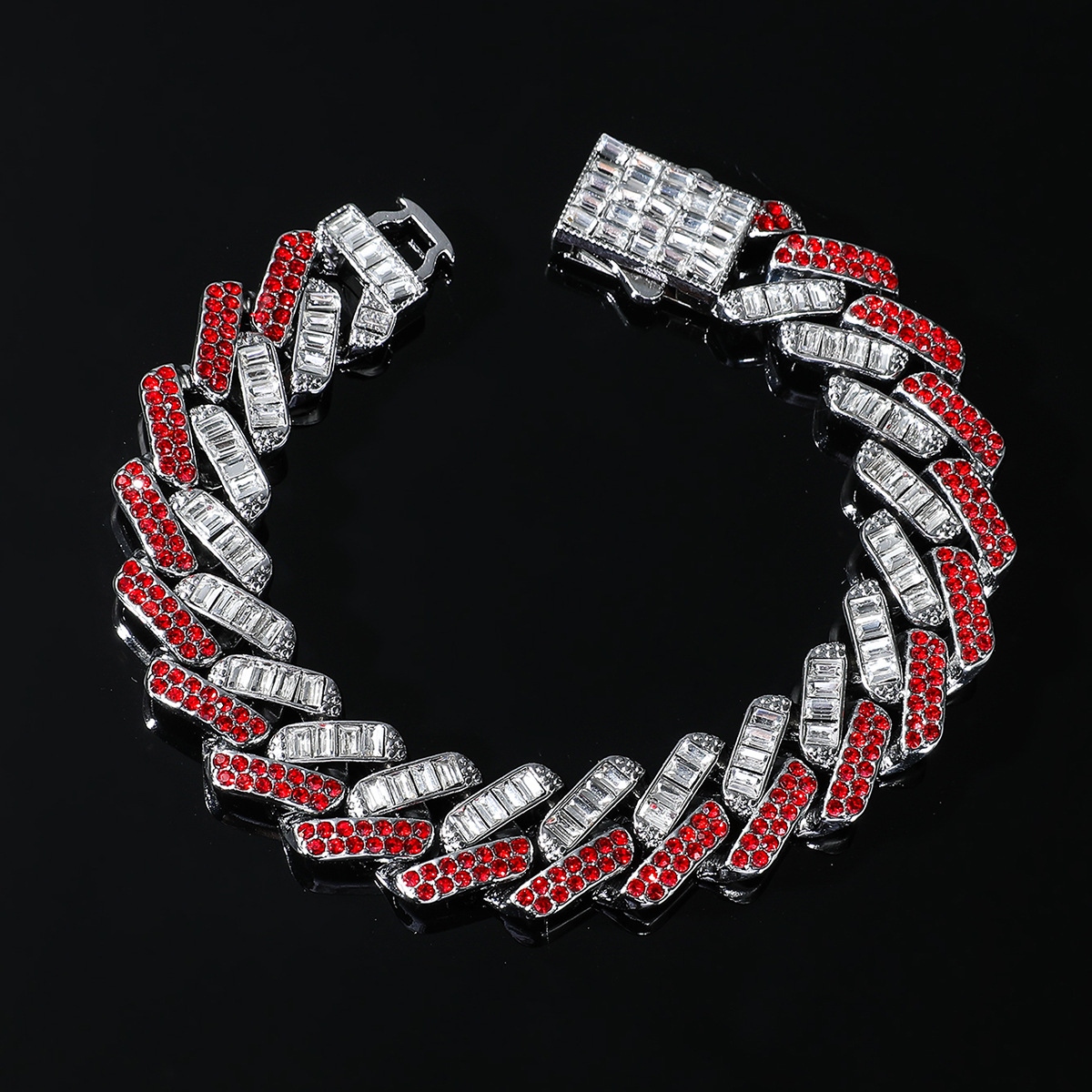 15mm Baguette Cut Red Diamonds Cuban Bracelet Gold With Street Luxury Shine