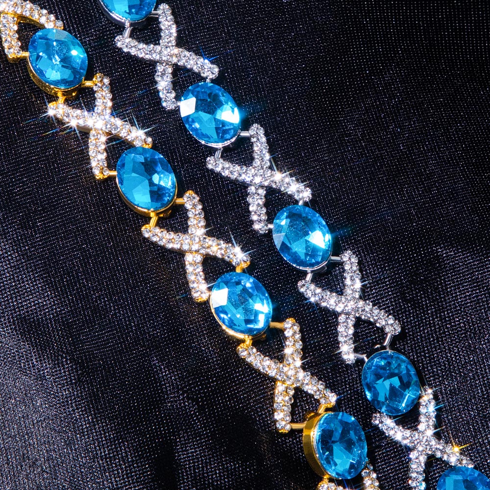 Oval Cut Blue Diamonds Iced Out Infinity Sign Bracelet Gold - Image 4
