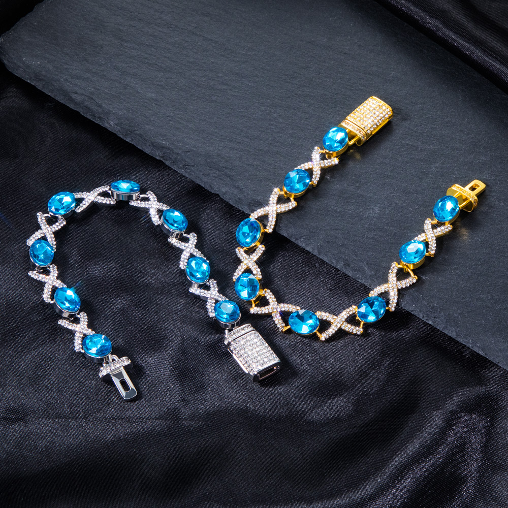 Oval Cut Blue Diamonds Iced Out Infinity Sign Bracelet Gold - Image 5