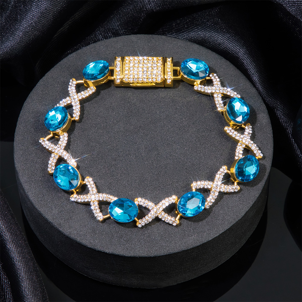 Oval Cut Blue Diamonds Iced Out Infinity Sign Bracelet Gold - Image 6