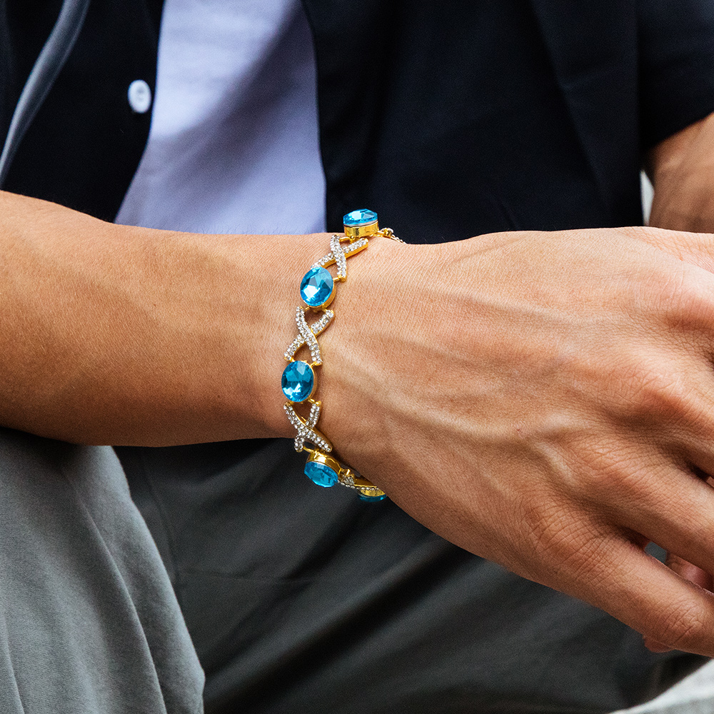 Oval Cut Blue Diamonds Iced Out Infinity Sign Bracelet Gold
