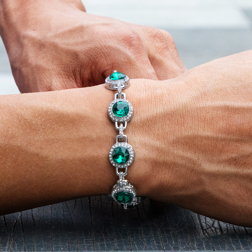 Round Brilliant Cut Emerald Green Diamonds Bracelet Gold - Image 3