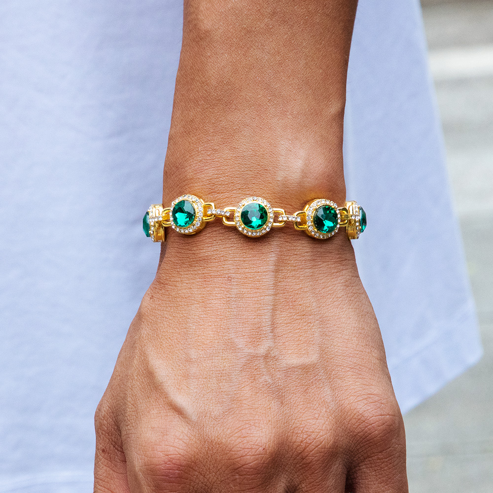 Round Brilliant Cut Emerald Green Diamonds Bracelet Gold - Image 5