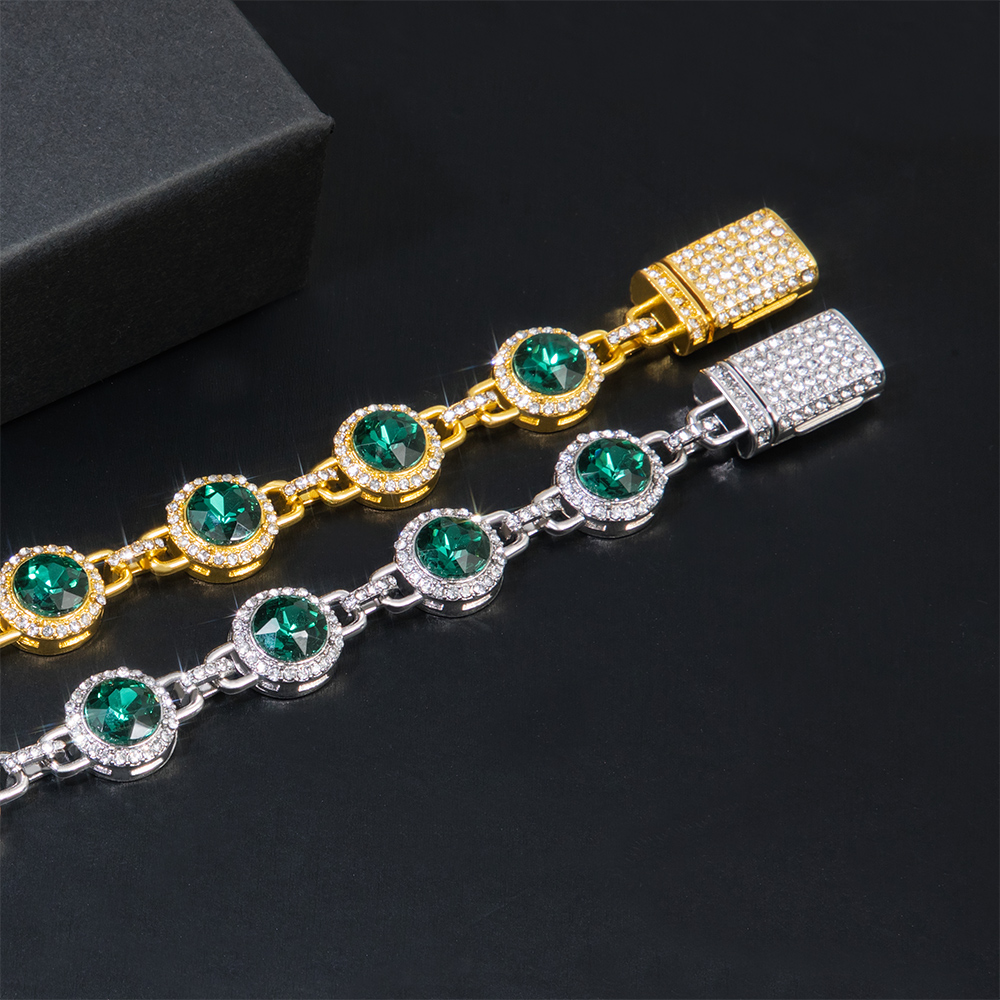 Round Brilliant Cut Emerald Green Diamonds Bracelet Gold - Image 6