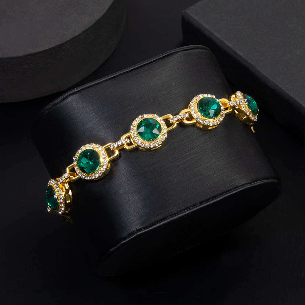 Round Brilliant Cut Emerald Green Diamonds Bracelet Gold - Image 7