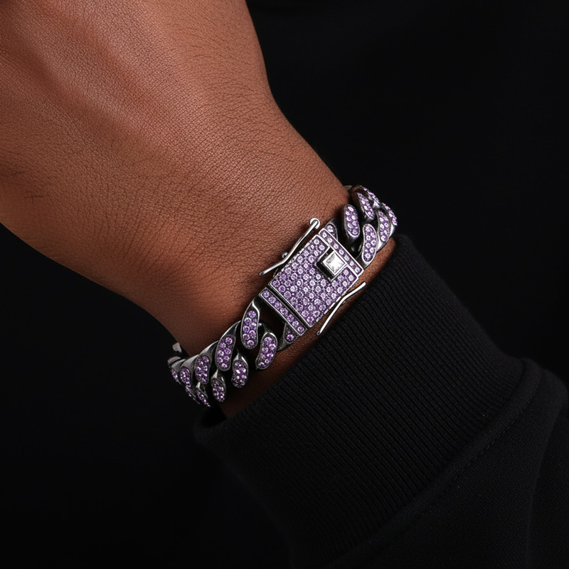 Iced Out Purple 13mm Miami Cuban Bracelet Gold With Street Luxury Shine - Image 3