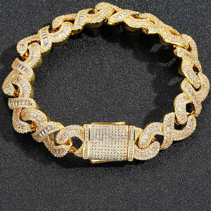 Iced Out Out 12mm Baguette Cut Infinity Link Bracelet Gold - Image 4