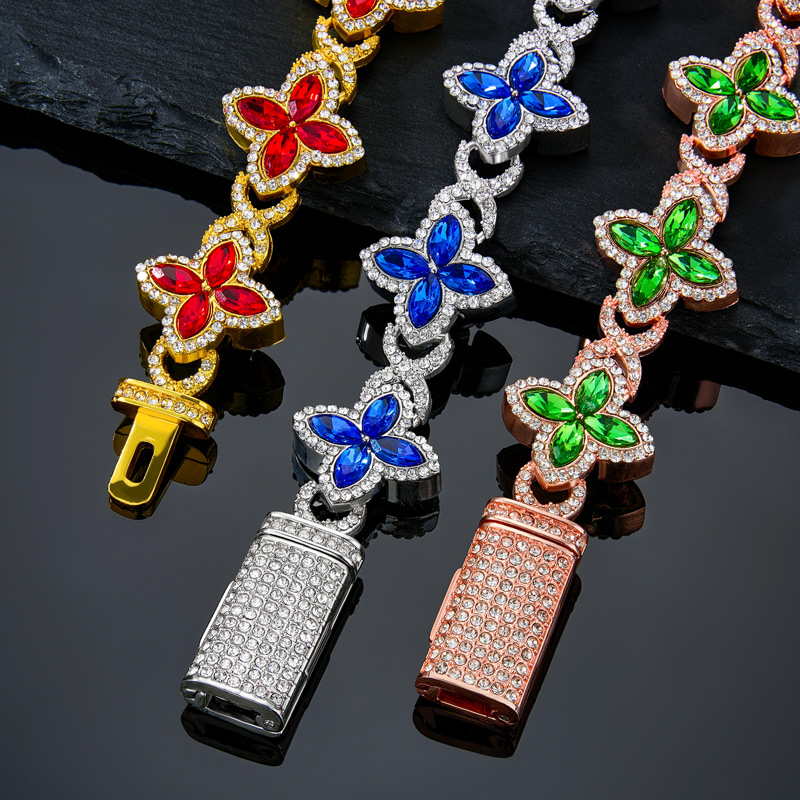 Iced Out Out 17mm Sapphire Clover Bracelet In White Gold With Gold Shine - Image 4