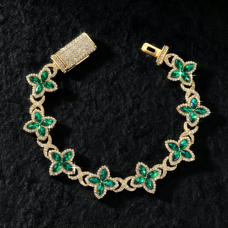 Iced Out Out 17mm Sapphire Clover Bracelet In White Gold With Gold Shine - Image 5