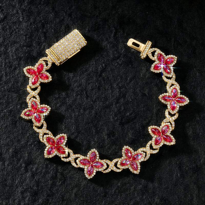 Iced Out Out 17mm Sapphire Clover Bracelet In White Gold With Gold Shine - Image 6