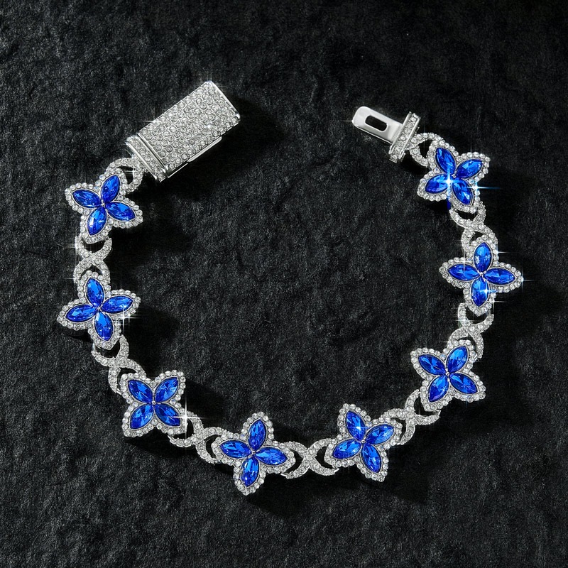 Iced Out Out 17mm Sapphire Clover Bracelet In White Gold With Gold Shine