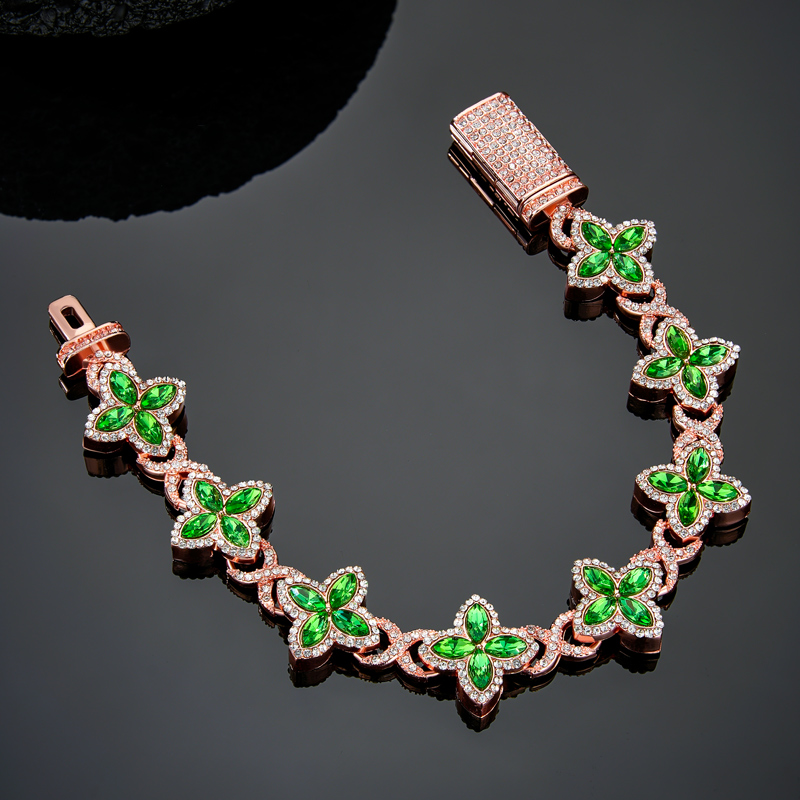Iced Out Out 17mm Emerald Clover Bracelet In Rose Gold With Gold Shine - Image 3